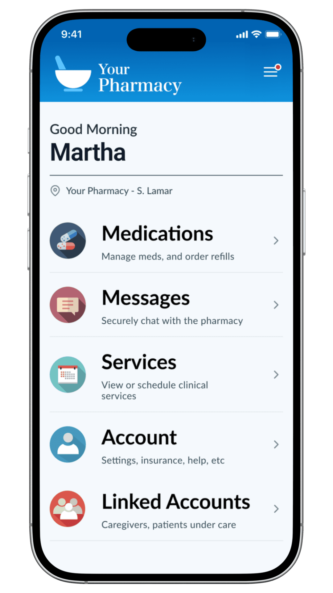 Patient portal home screen with medications, messages, services, and account options
