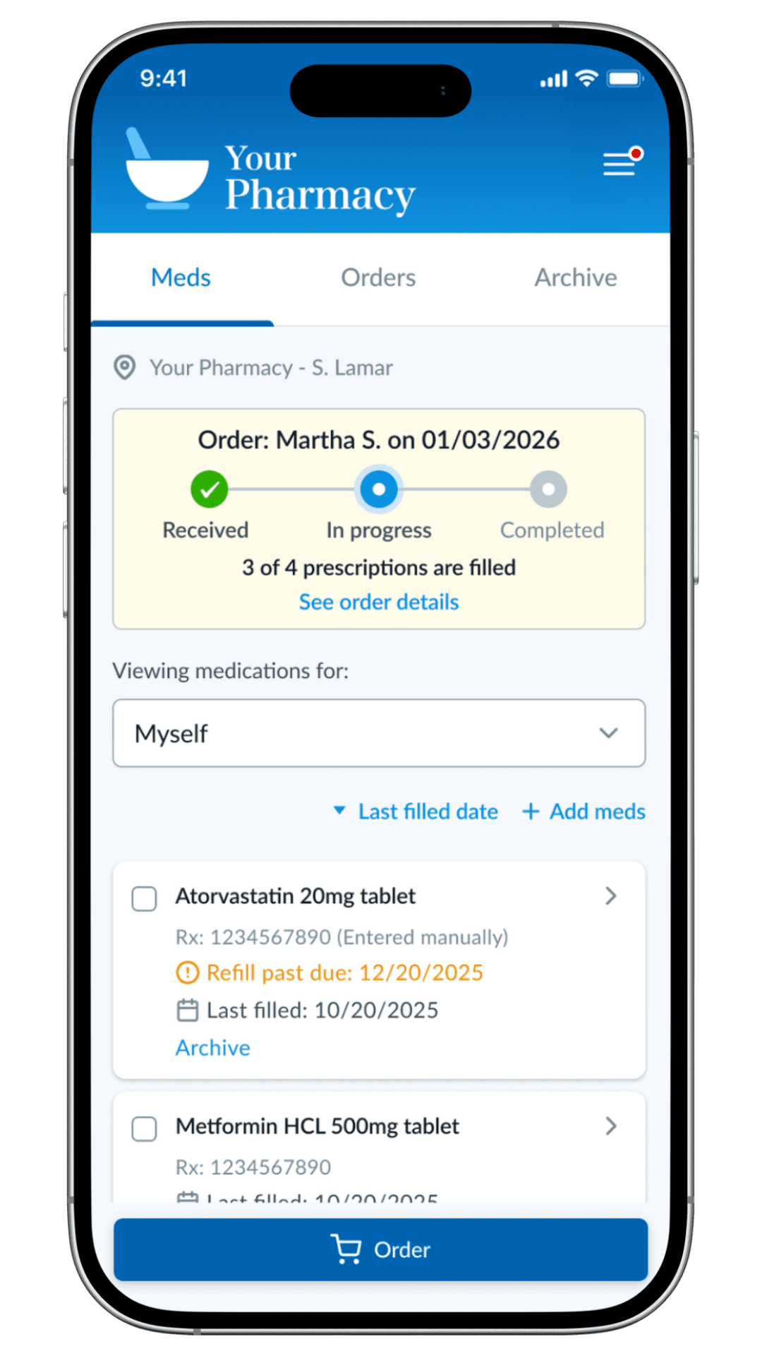 Patient portal medications screen with refill and order tracking